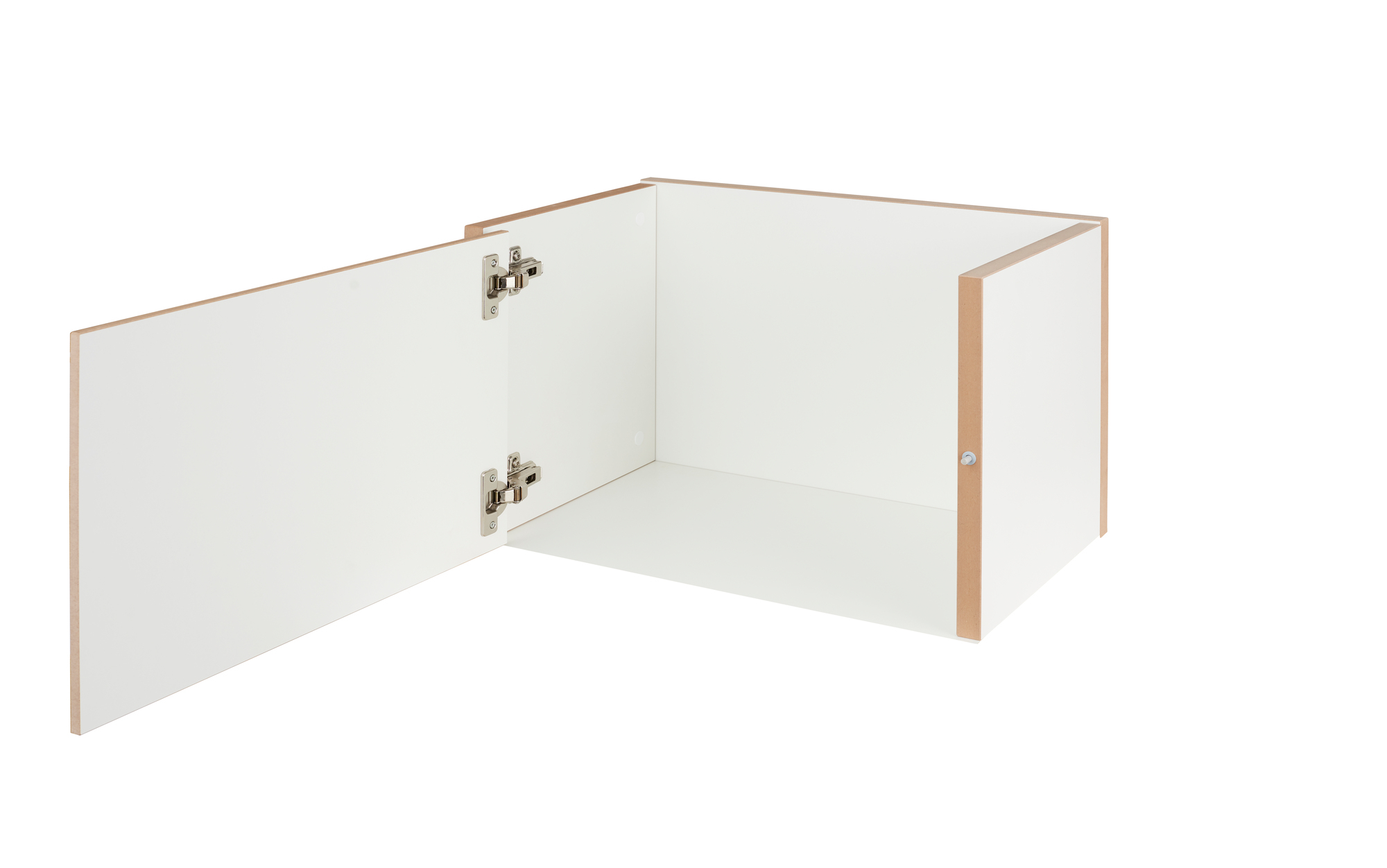 Tojo Regal: Weißes Türmodul für Regalsystem, Tür geöffnet, Innenseite sichtbar, Möbel für Wohnraum.