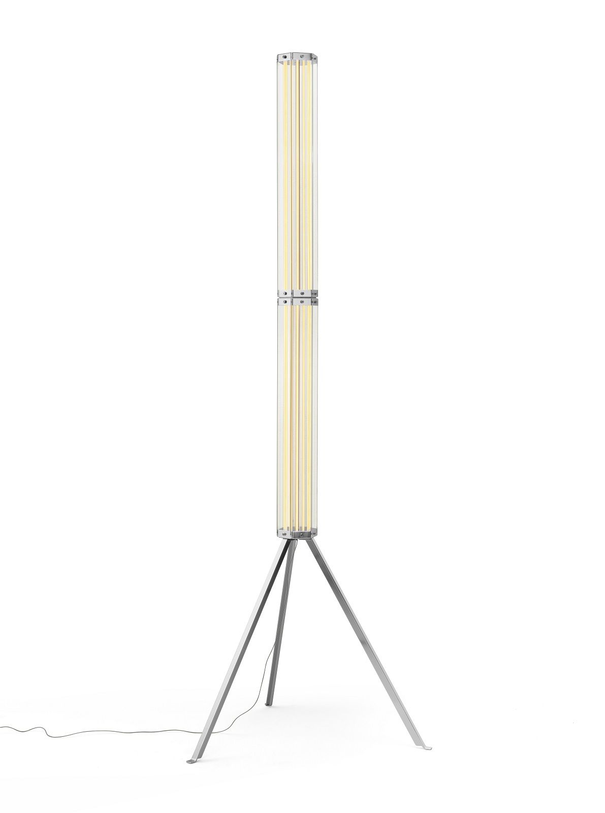 Superwire Stehleuchte von Flos mit dreibeinigem Stativ und vertikalen Leuchtstoffröhren.