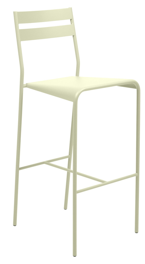 Facto Barstool von Fermob, ein moderner, beiger Barhocker für den Außenbereich. Metallkonstruktion mit Rückenlehne.