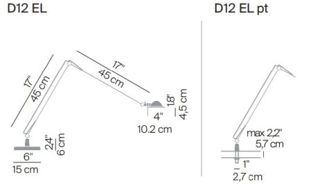 Technische Zeichnung der D12 Berenice Tischleuchte von Luceplan mit Maßen.