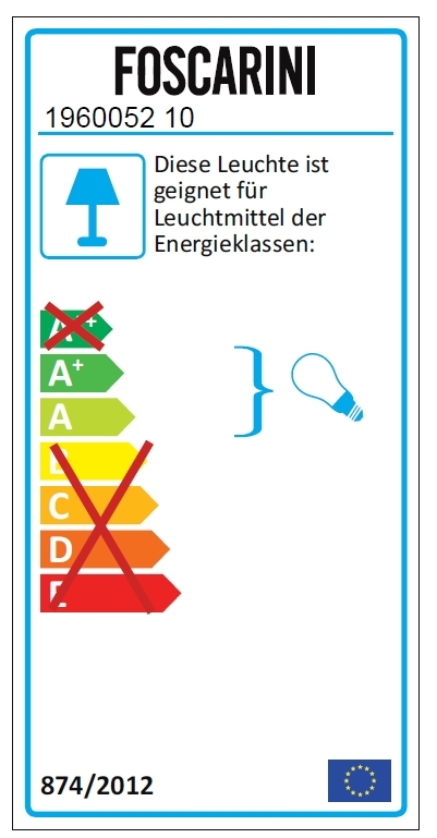 Energieeffizienzlabel der Foscarini Bahia Mini LED Wandleuchte, Informationen zu Energieklassen und Leuchtmittel.
