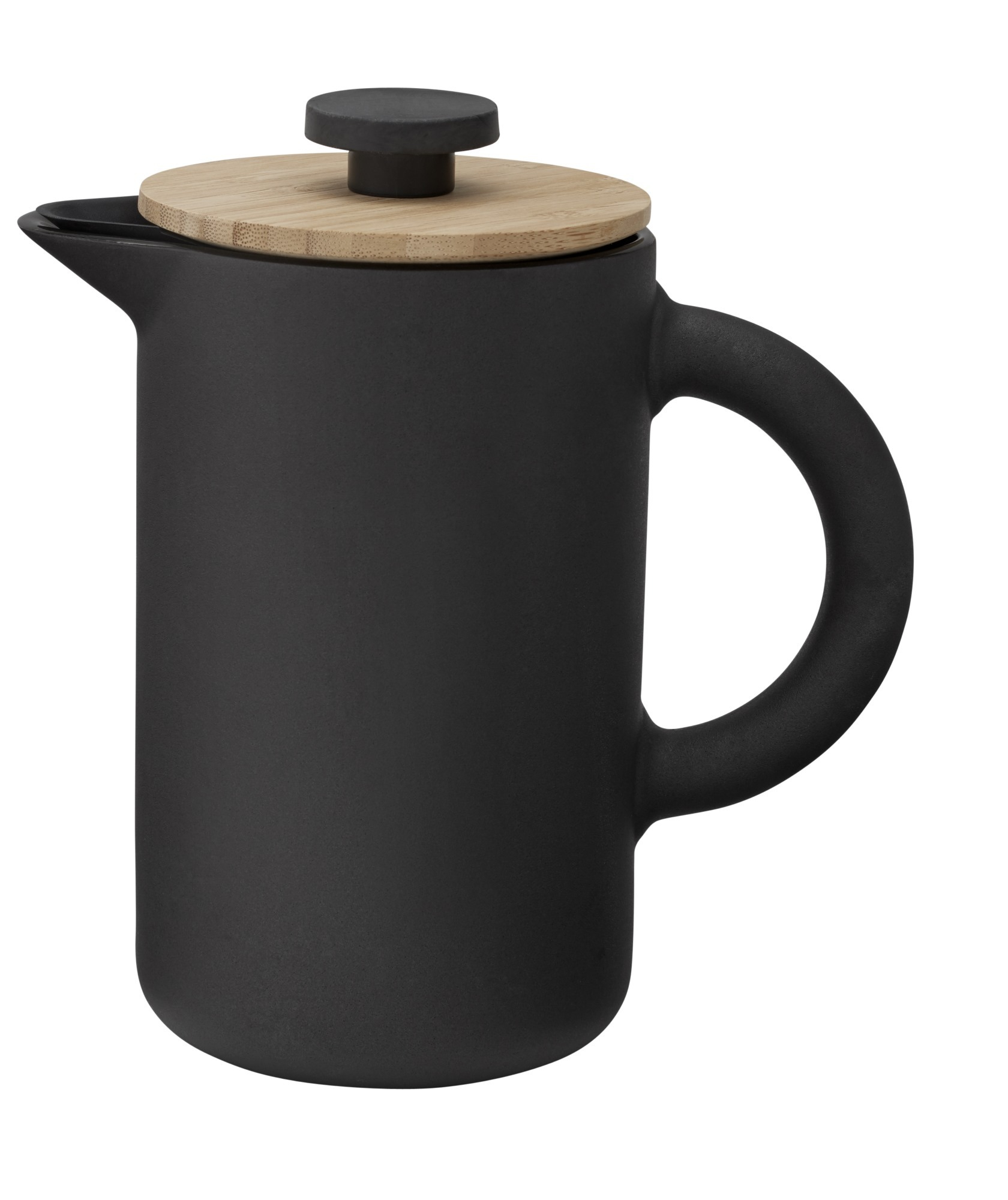 Schwarze Stelton Theo Pressfilterkanne mit Bambusdeckel und Griff, isolierte Kaffeekanne für aromatischen Kaffee.