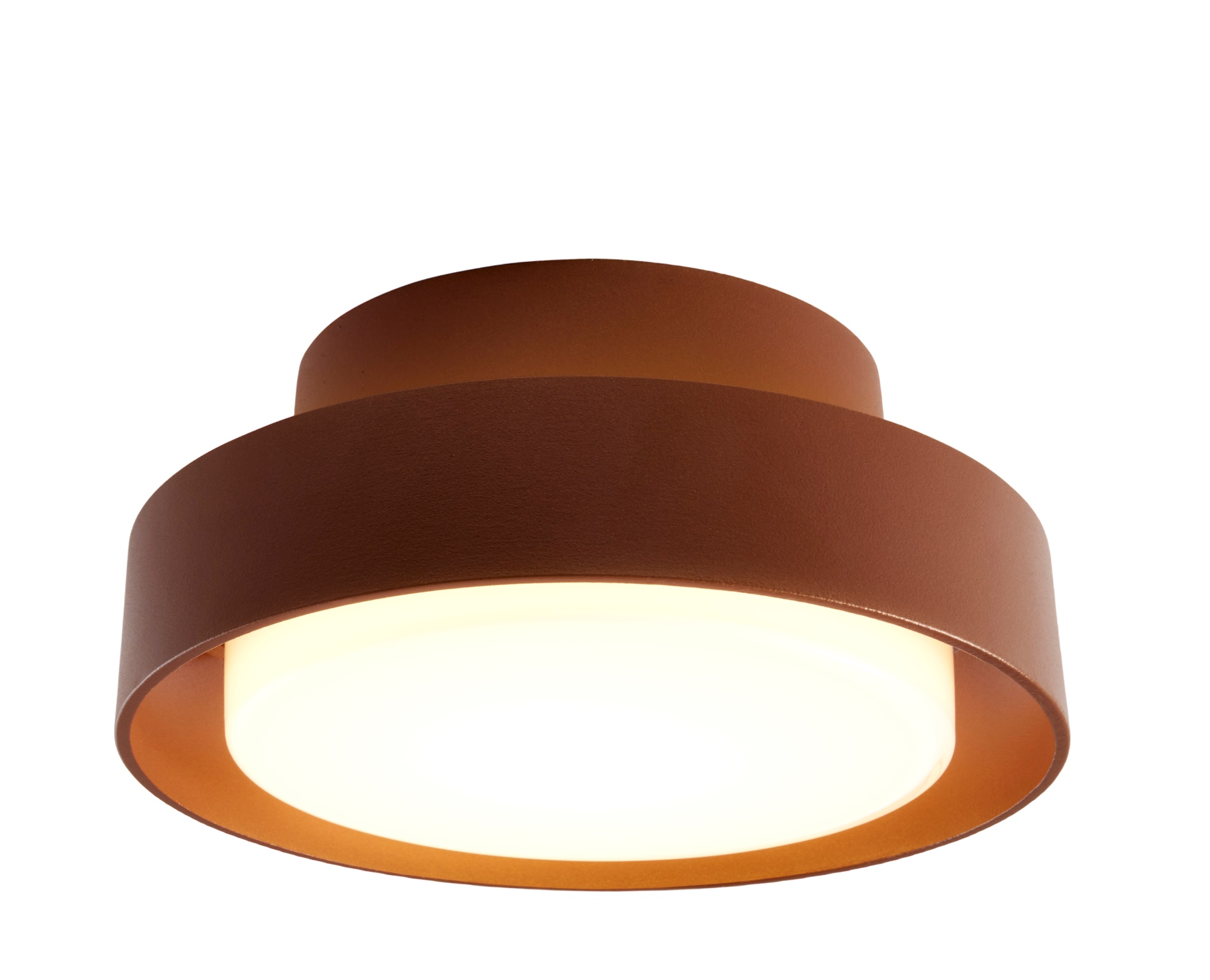 Rostbraune Plaff-On! Wandleuchte von Marset, moderne Innenleuchte mit warmweißem Licht und kreisförmigem Design.