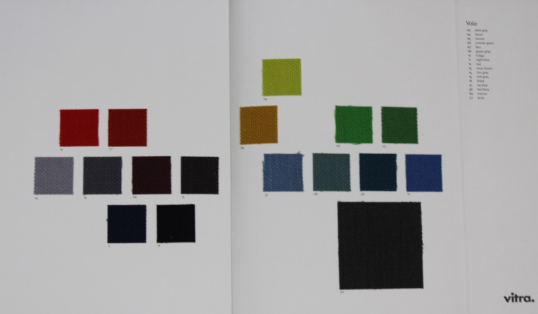 Stoffmusterkarte Volo von Vitra: Verschiedene Stofffarben und Texturen für Möbel und Inneneinrichtung.