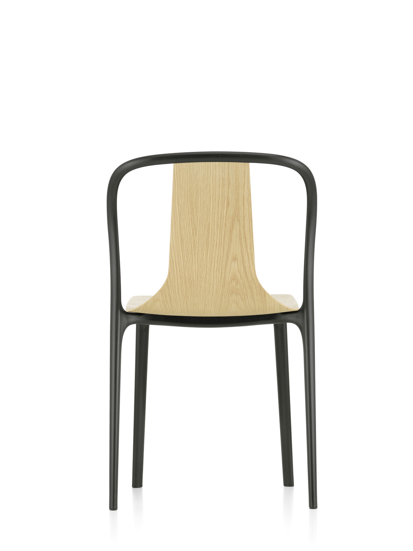 Rückansicht des Belleville Chair Wood Stuhls von Vitra mit schwarzem Gestell und hellem Holz.