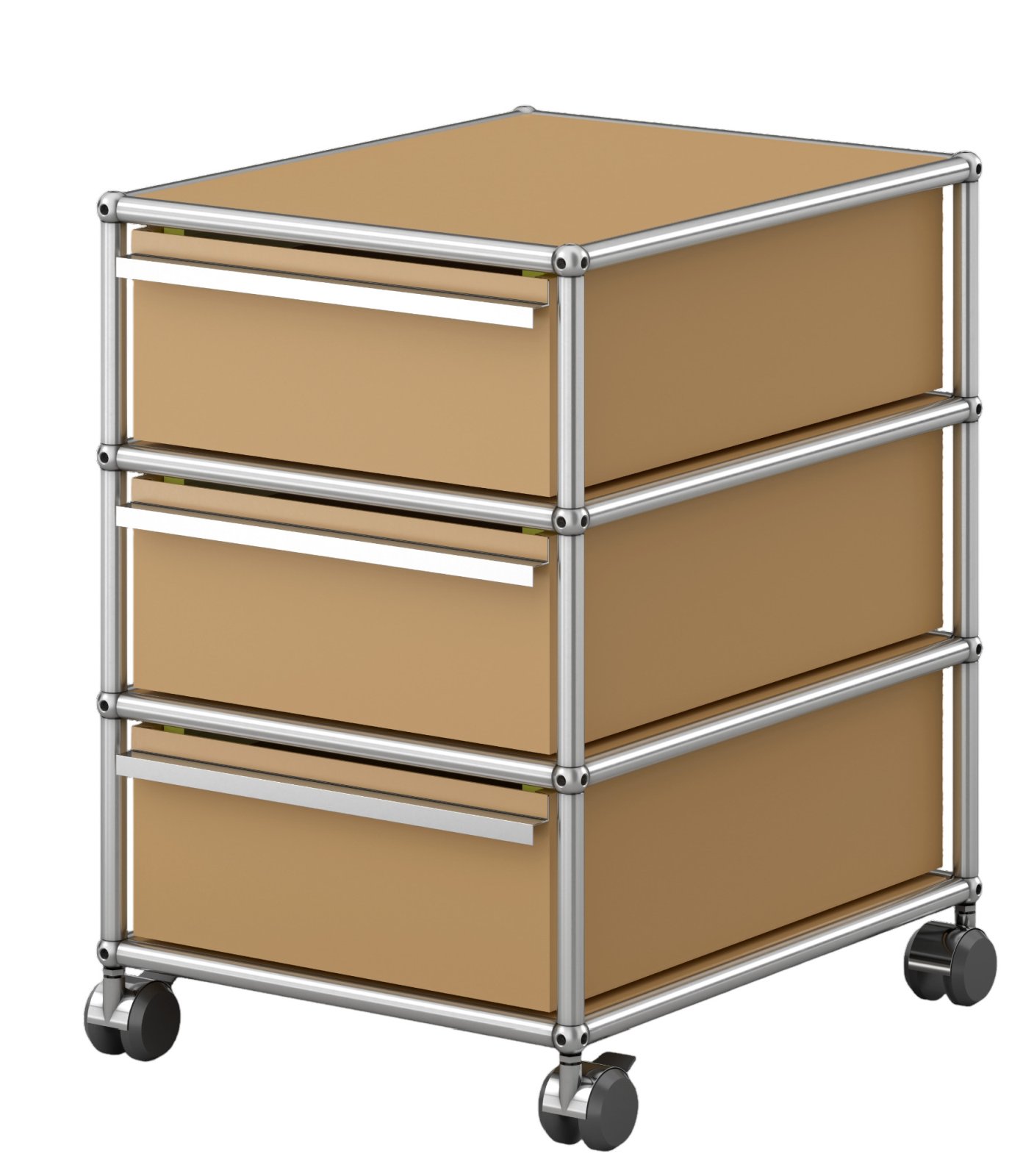 Beiger USM Haller Rollcontainer mit drei Schubladen und verchromtem Gestell auf Rollen.