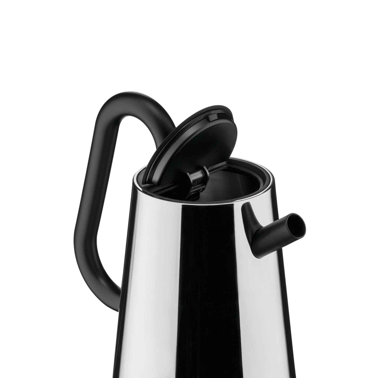 Alessi Wasserkocher NE01 B Toru, Edelstahl mit schwarzem Griff und geöffnetem Deckel.