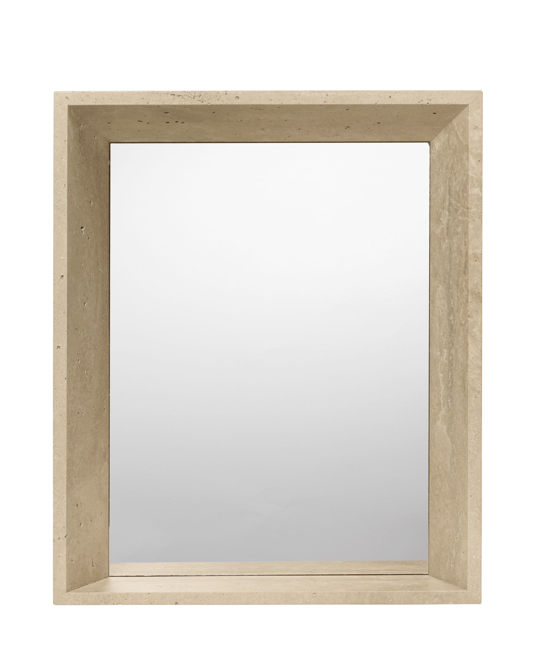 Lancet Spiegel von Ferm Living mit rechteckigem Rahmen aus Travertin, modernes Design für Badezimmer.