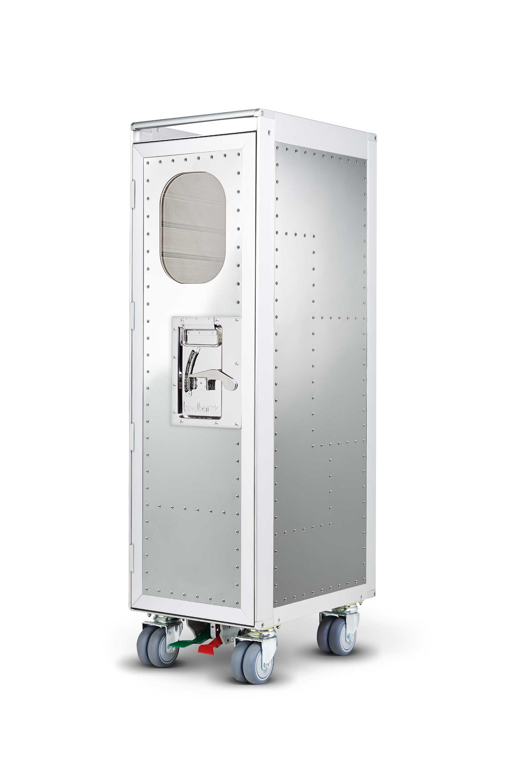Rivet Rocker Flugzeugtrolley Bordbar mit Fenster, silberfarben, auf Rollen, für den stilvollen Transport.