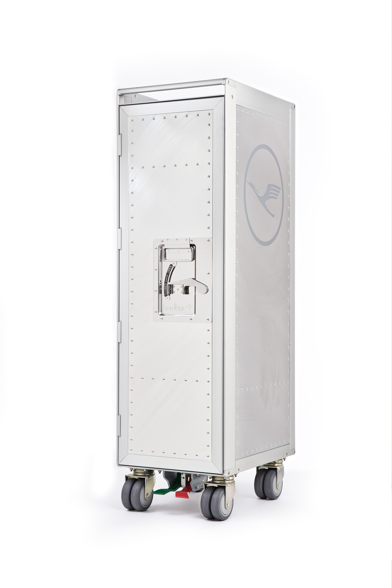 Rivet Rocker Flugzeugtrolley: Silberne Lufthansa Bordbar mit Rollen und Türverschluss vor weißem Hintergrund.