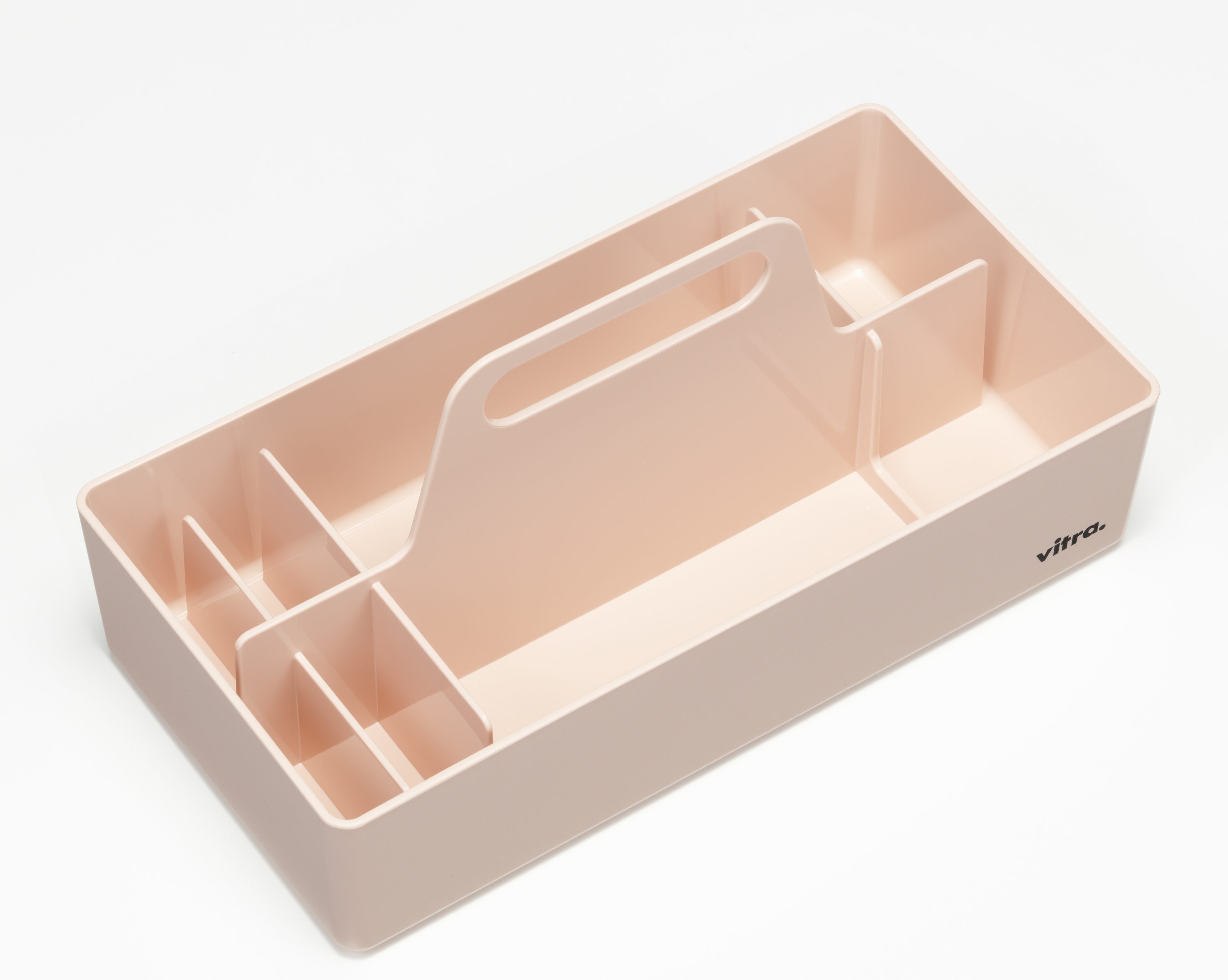 Vitra Toolbox RE, zartrosa Organisationsbox mit Fächern und Griff, ideal für Bürobedarf und Werkzeug.