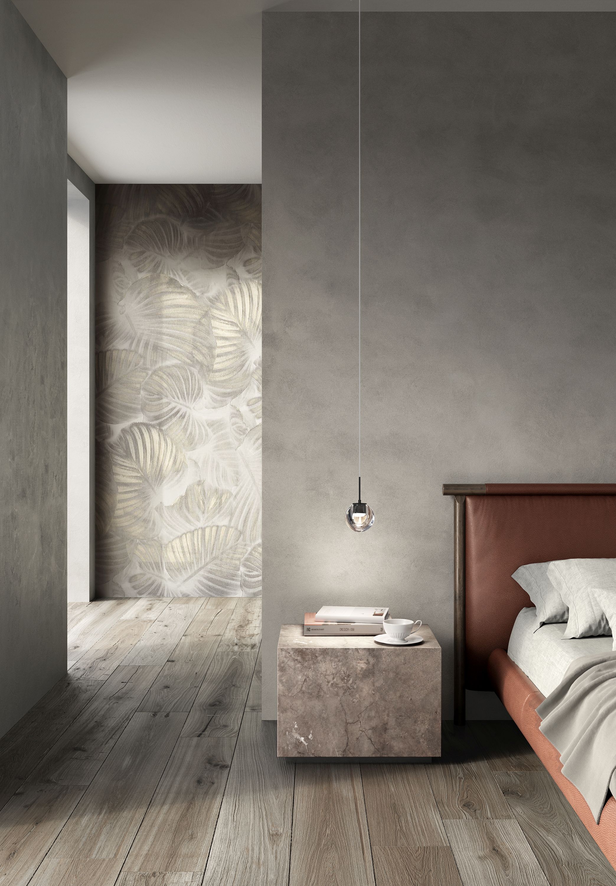 Dew Pendelleuchte Kdln aus Messing über Nachttisch im Schlafzimmer mit Bett und Dekoration.