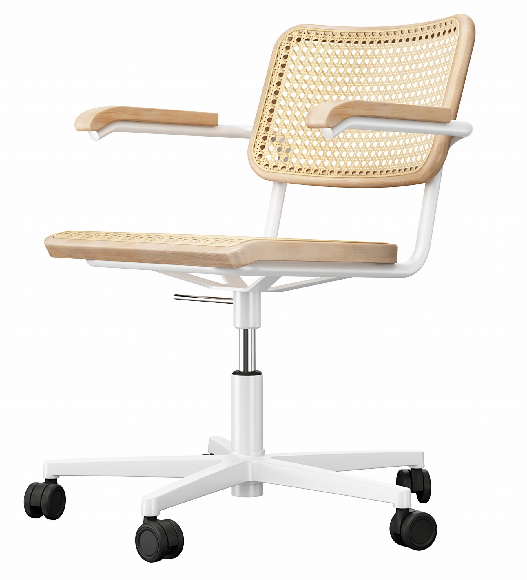 Weißer Thonet S 64 VDR Drehstuhl mit Armlehnen und Wiener Geflecht für Büro und Homeoffice.