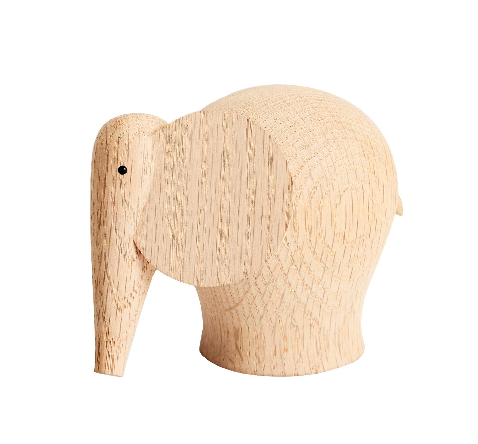 Kleiner, heller Holzelefant "Nunu elephant" von Woud, ein dekoratives Holzspielzeug für Kinder.