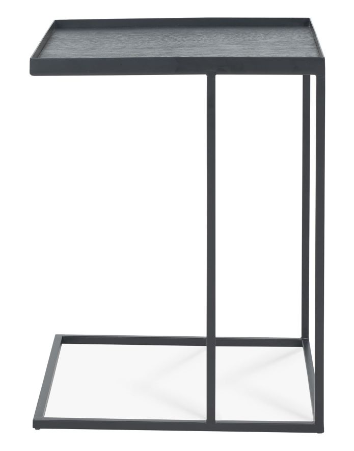 Quadratischer, niedriger Ethnicraft Couchtisch aus dunklem Holz und Metallgestell, modernes Design für Wohnzimmer.