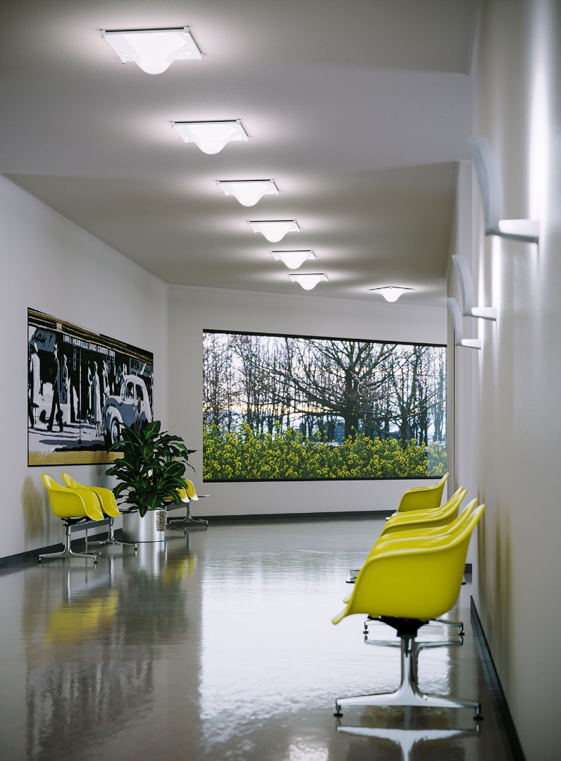 Reihe von Bolla Deckenleuchten von Martinelli Luce in einem modernen Wartebereich.