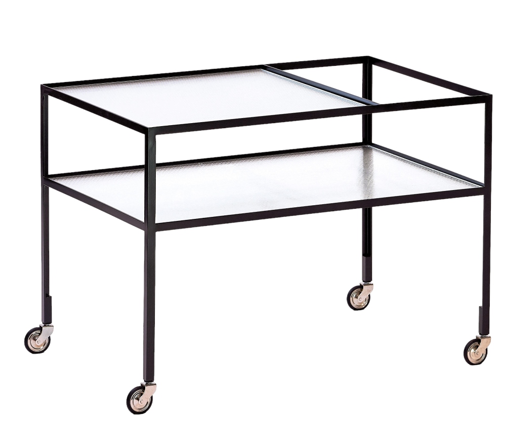 Barwagen von Richard Lampert mit zwei Glasablagen und schwarzem Metallgestell auf Rollen.