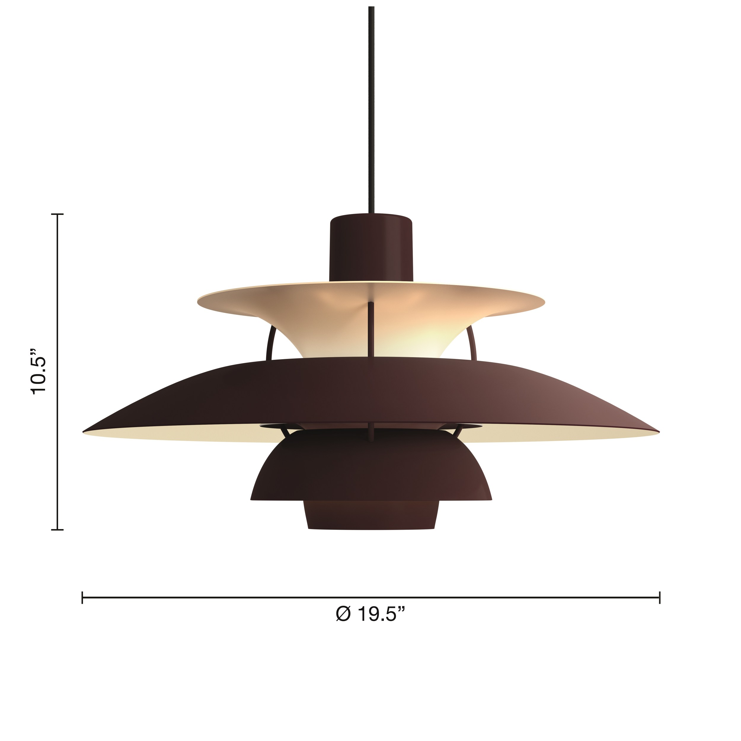 Nahaufnahme der PH 5 Pendelleuchte von Louis Poulsen in Burgundy. Design Lampe.