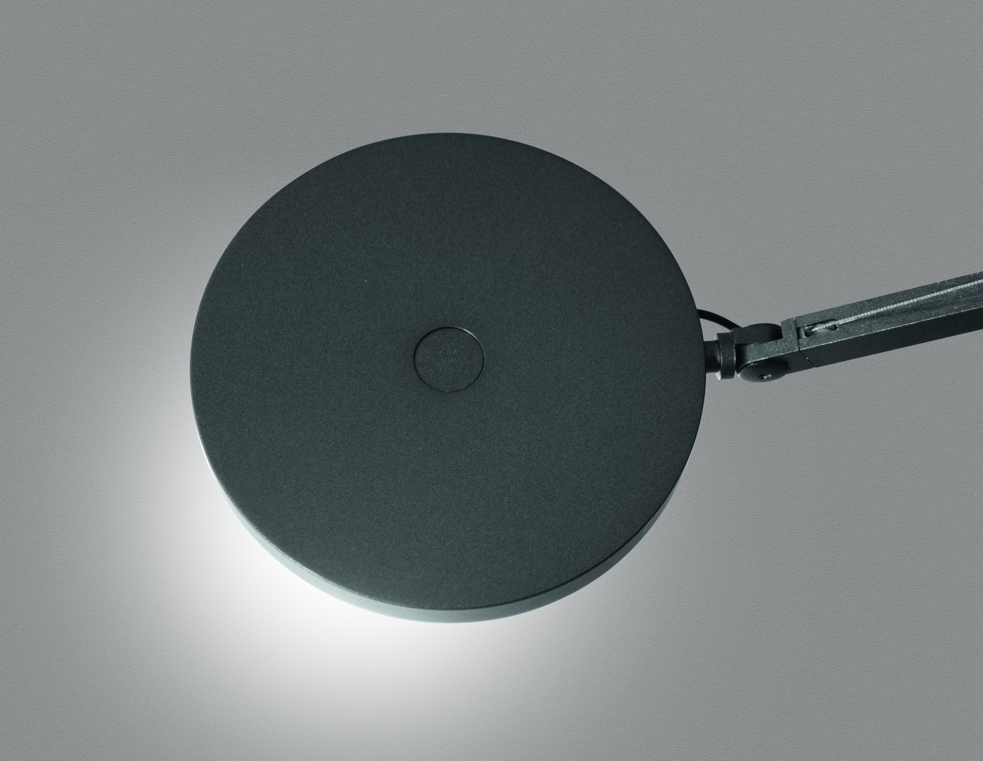 Detailaufnahme des runden Leuchtenkopfes der Demetra Tischleuchte von Artemide in Anthrazit.