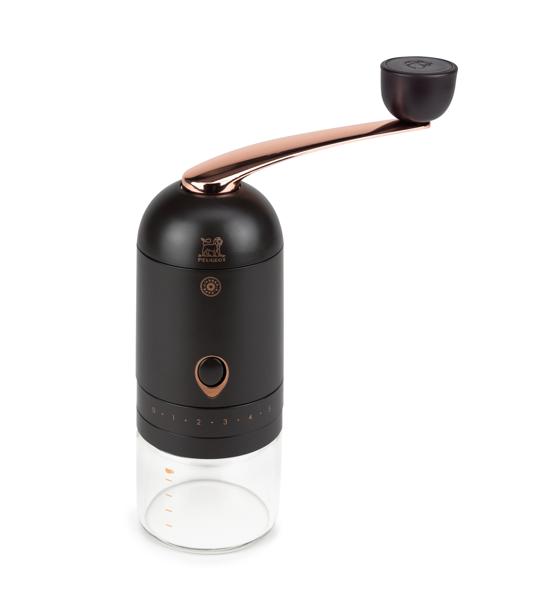 L'Arbre à Café Peugeot Kaffeemühle, Handmühle mit Mahlgradeinstellung und Auffangbehälter aus Glas.