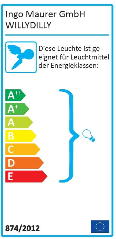 Energieeffizienzlabel der Willy Dilly Pendelleuchte von Ingo Maurer mit den Energieklassen A++ bis E.