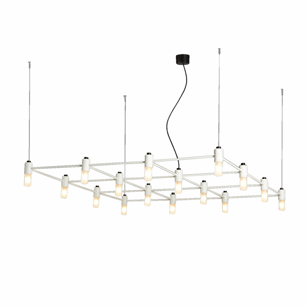 Weiße Quadrante Pendelleuchte mit 16 Leuchten, moderne Deckenleuchte für Wohnzimmer und Esszimmer.