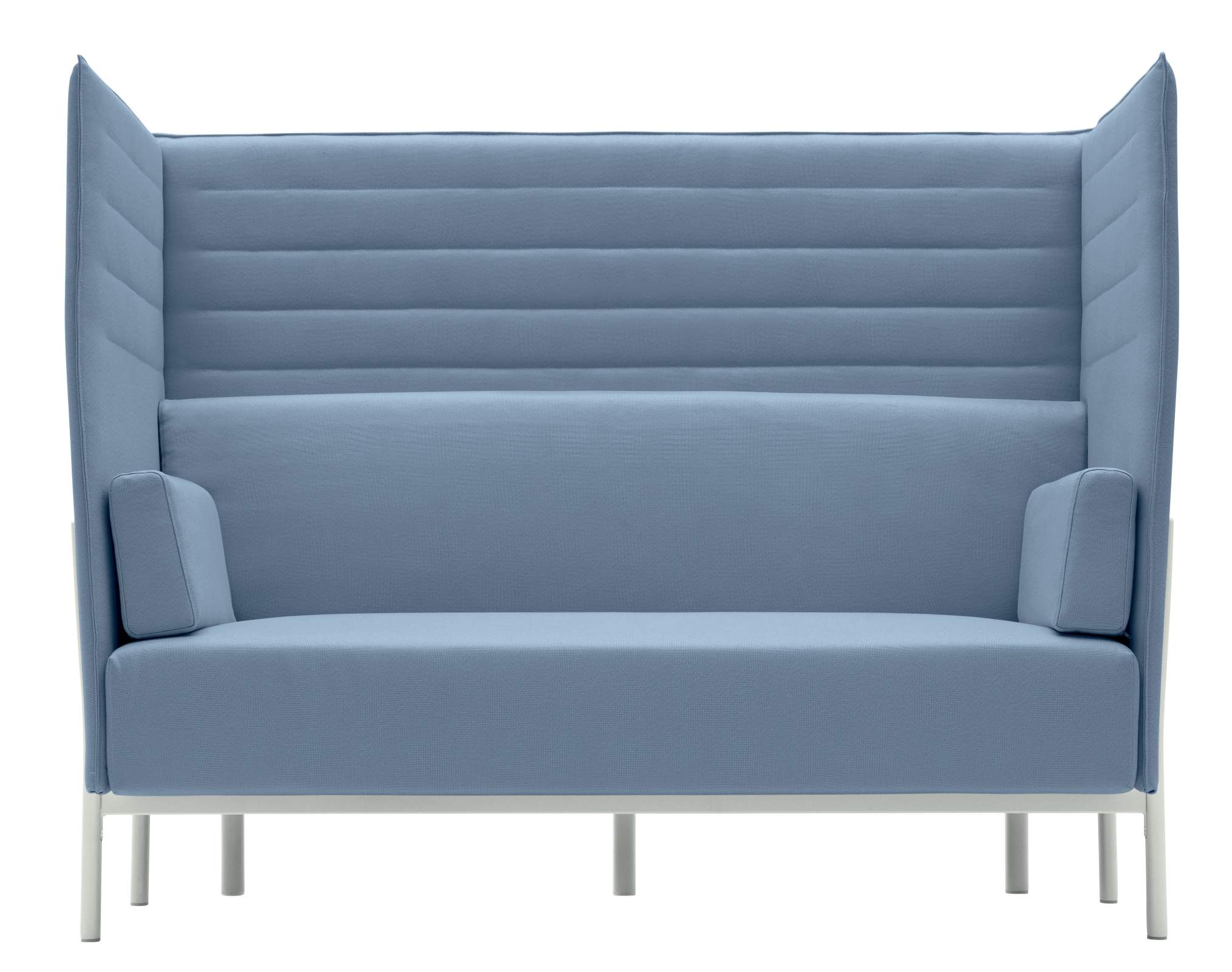 Blaues Eleven High Back Sofa mit hoher Rückenlehne und weißen Beinen. Büromöbel für zwei Personen.