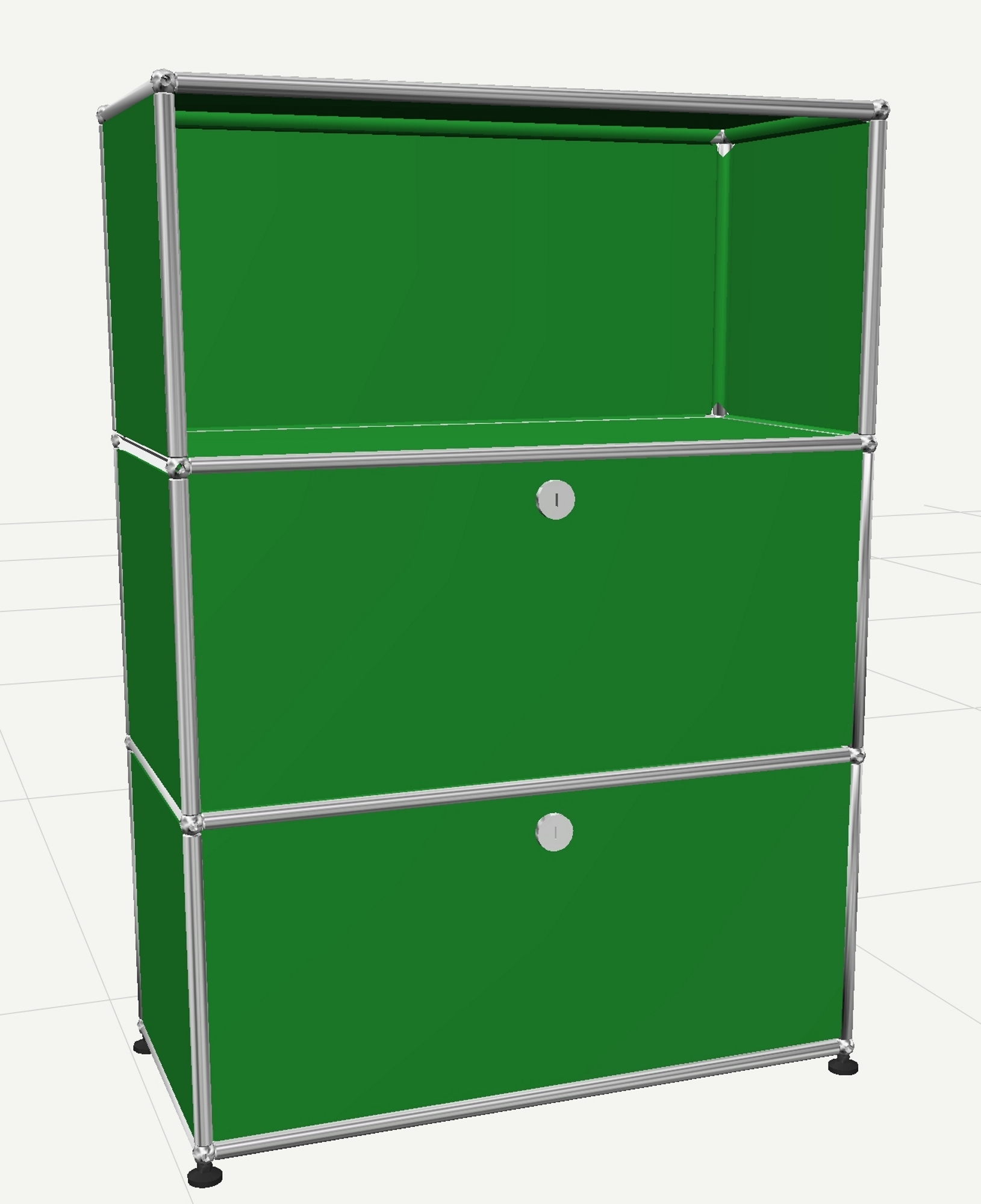 USM Haller Highboard in Grün mit zwei Klappen und einem offenen Fach, modernes Designmöbel.