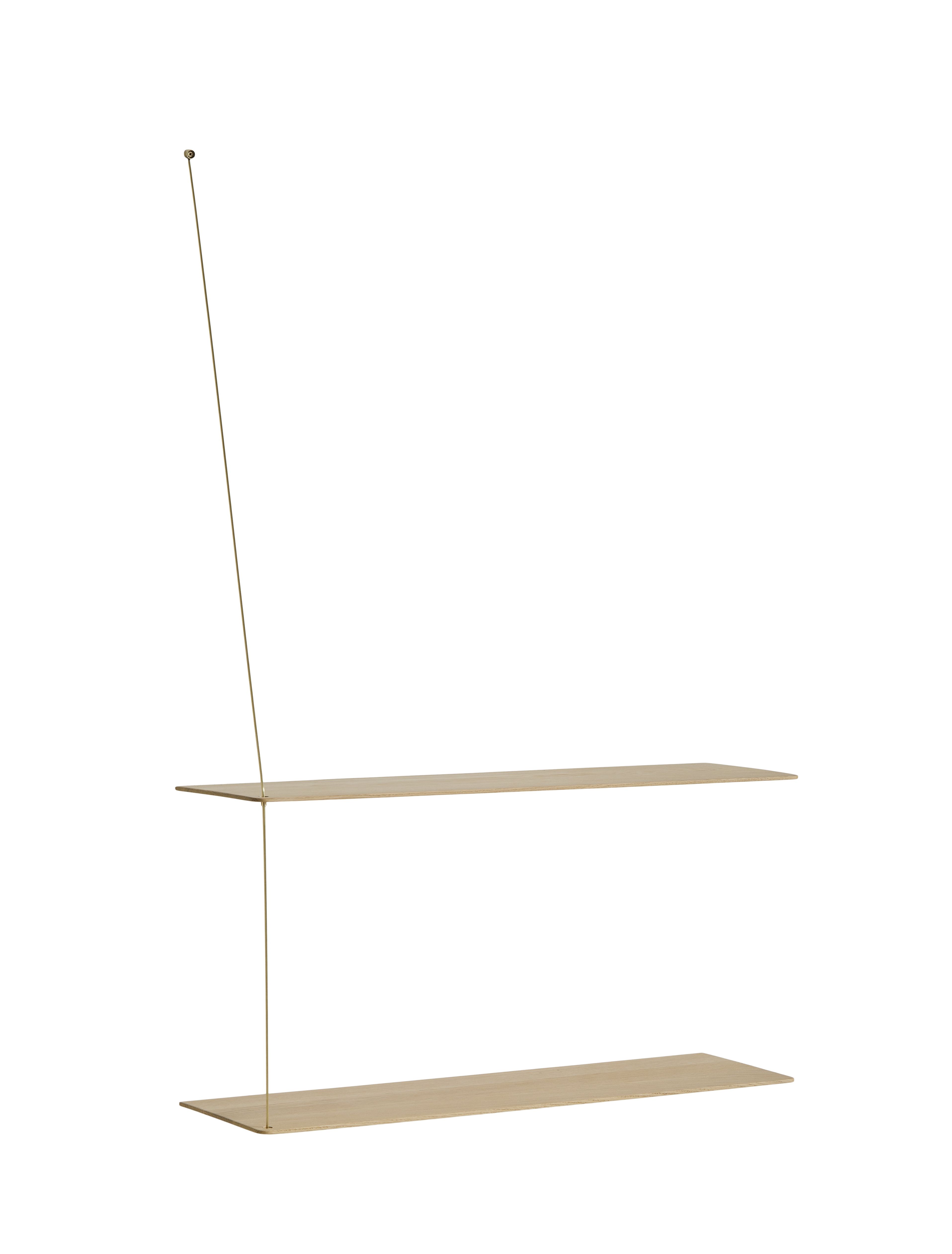 Stedge Wandregal von Woud, Jubiläumsedition: Minimalistisches Design mit zwei hellen Holzablagen und filigraner Aufhängung.