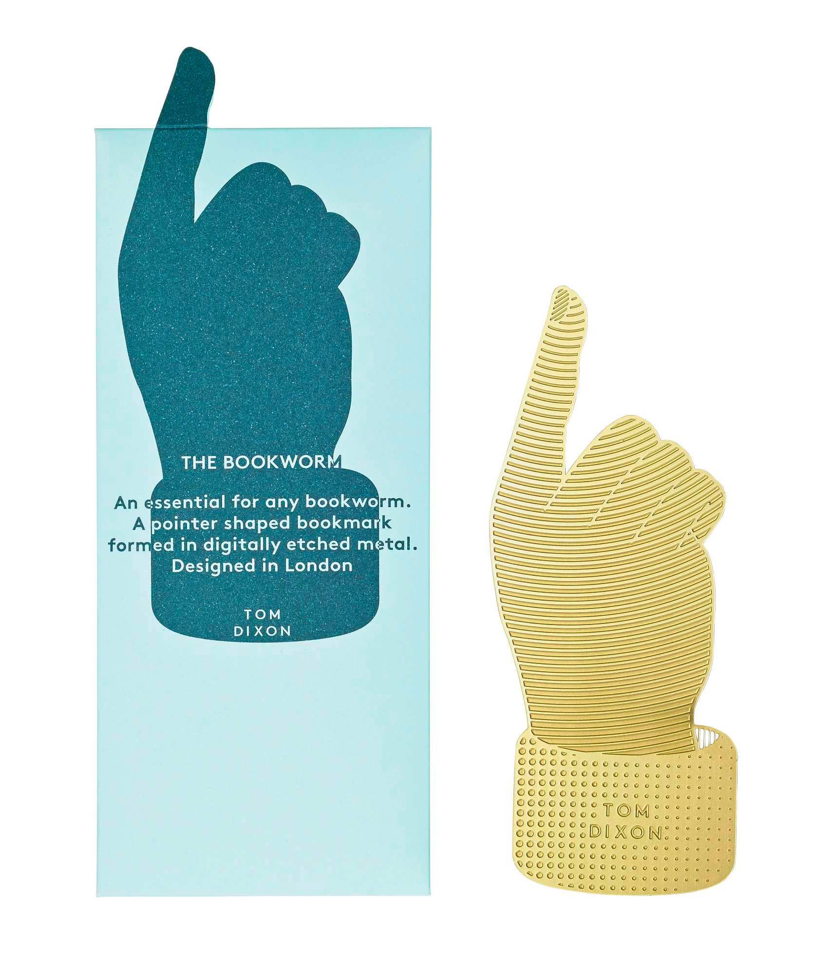 Tool The Bookworm Lesezeichen von Tom Dixon, goldene Hand mit ausgestrecktem Zeigefinger, modernes Design.
