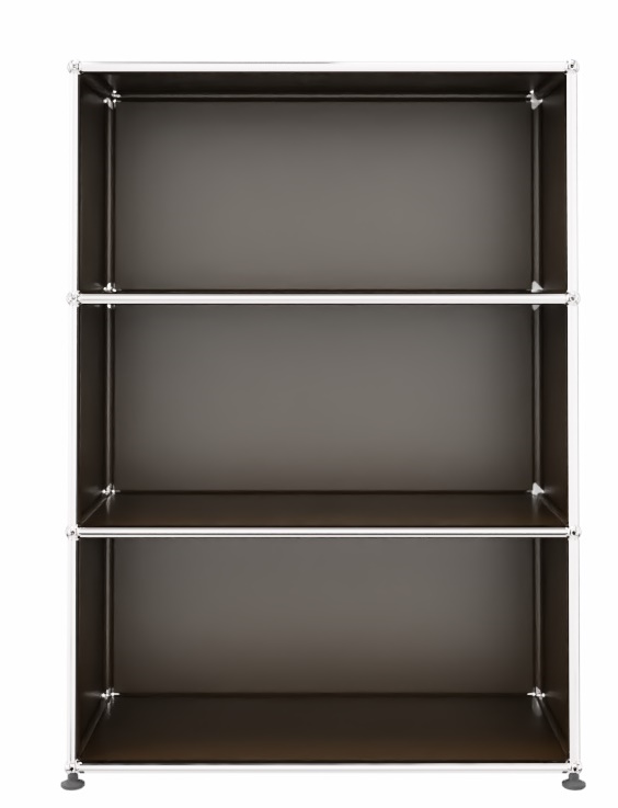 USM Haller Highboard in Braun mit drei offenen Fächern und verchromtem Gestell, modernes Regalsystem.