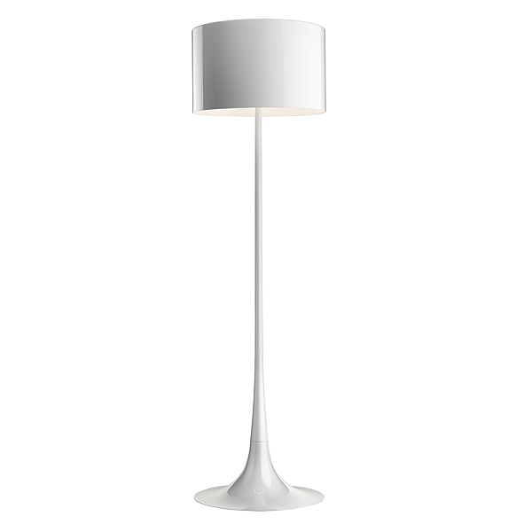 Weiße Spun Light Stehleuchte von Flos: Moderne Stehlampe mit zylindrischem Lampenschirm für Wohnzimmer.