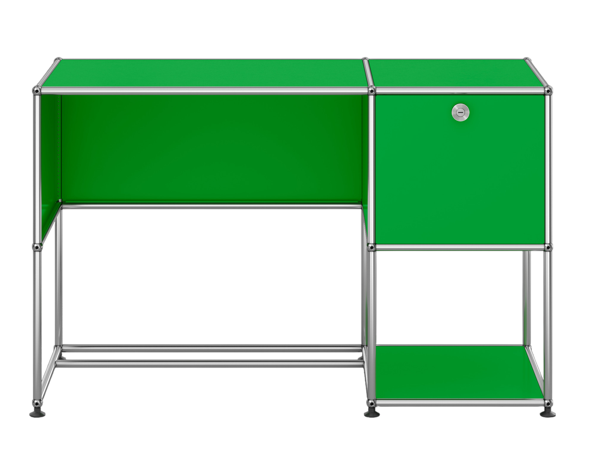 USM Haller Schreibtisch in Grün mit Ablage und abschließbarem Fach, modernes Design für Büro und Arbeitszimmer.