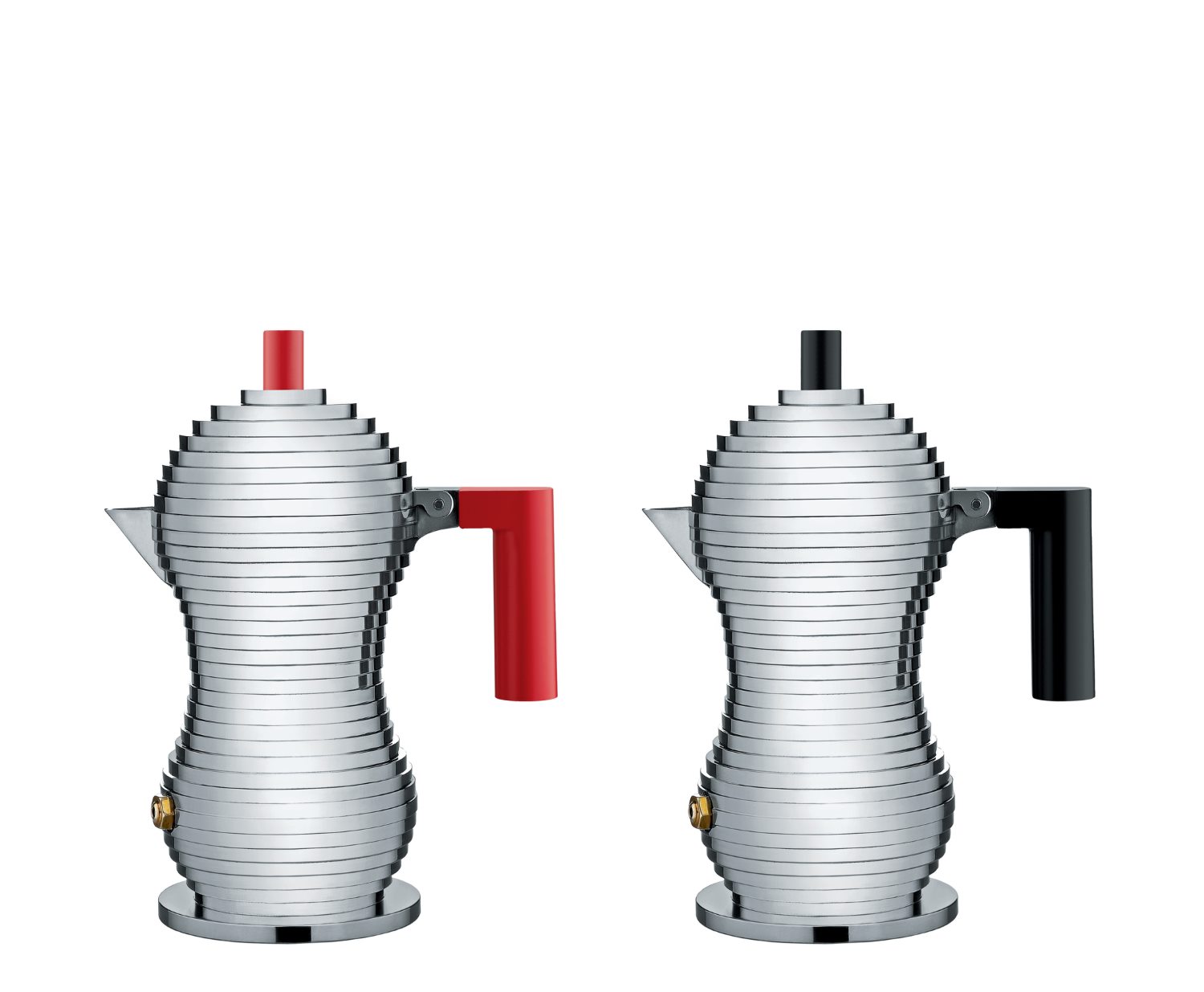 Zwei Alessi Espressokocher Pulcina aus Aluminium mit rotem und schwarzem Griff. Kaffeekochen leicht gemacht.