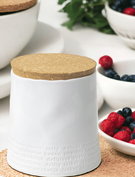 Weiße Raumpoesie Vorratsdose von Räder mit Korkdeckel für Küche und Aufbewahrung.