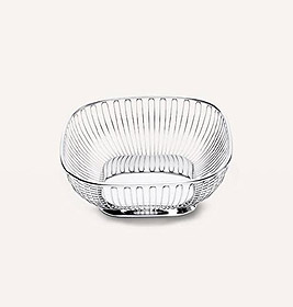 Silberner, viereckiger Drahtkorb von Alessi. Dekorativer Metallkorb für Obst, Brot oder andere Gegenstände.