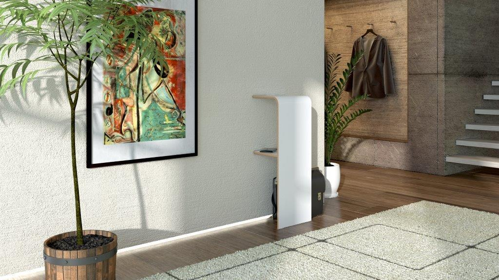 Weißes Find Regal von Tojo im Flur mit Dekoration und Teppich.