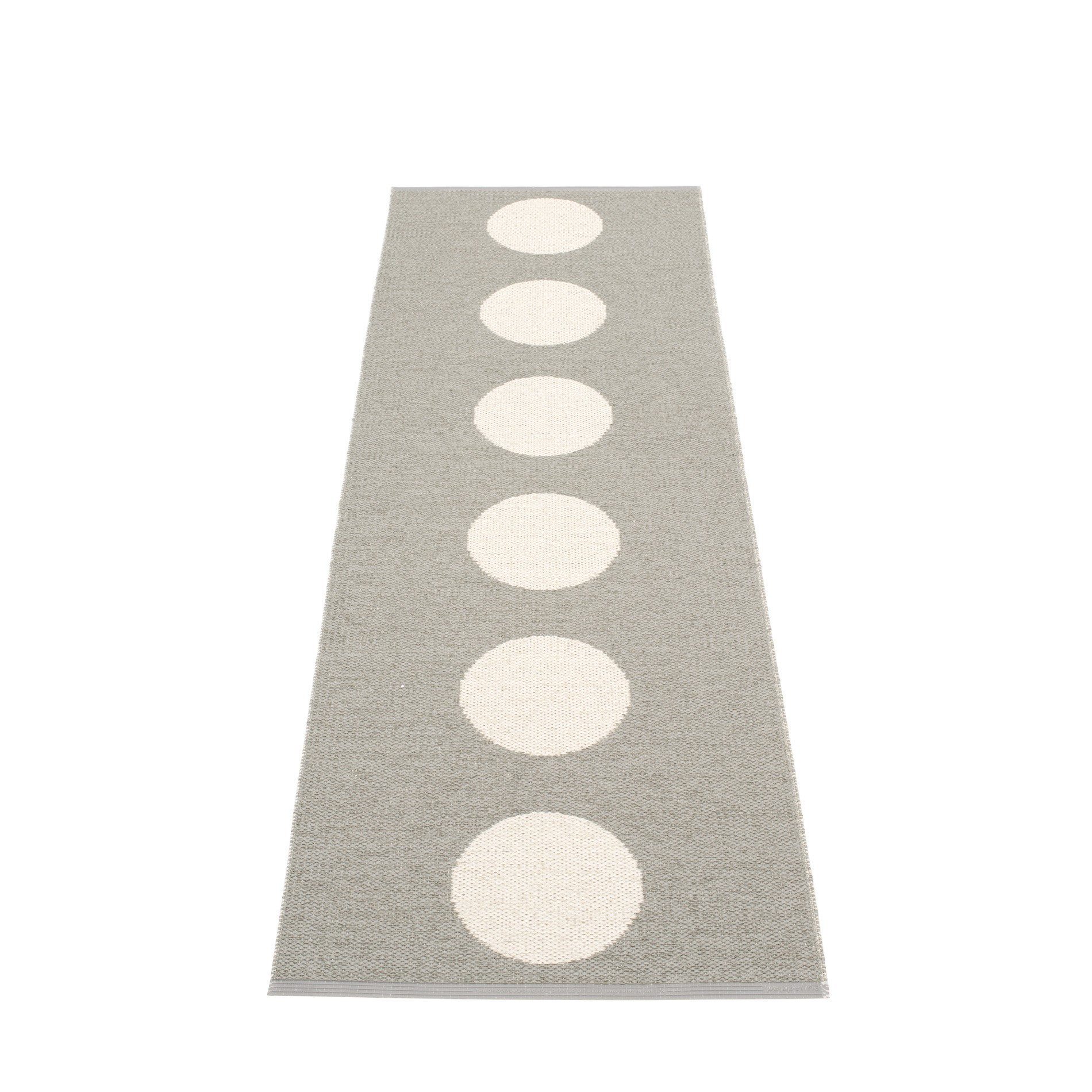 Vera Teppich von Pappelina, ein grauer Läufer mit weißen Kreisen, ideal für Flur und Küche.