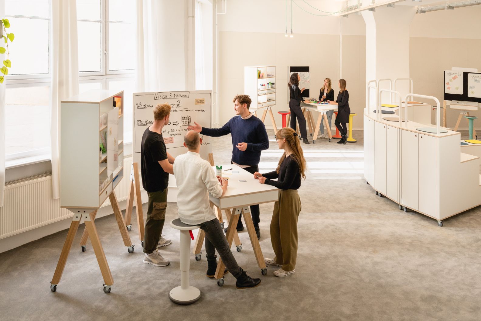 What if We Fly Taskboard: Büro mit Whiteboard, Medienwand und Interstuhl für kreatives Brainstorming.