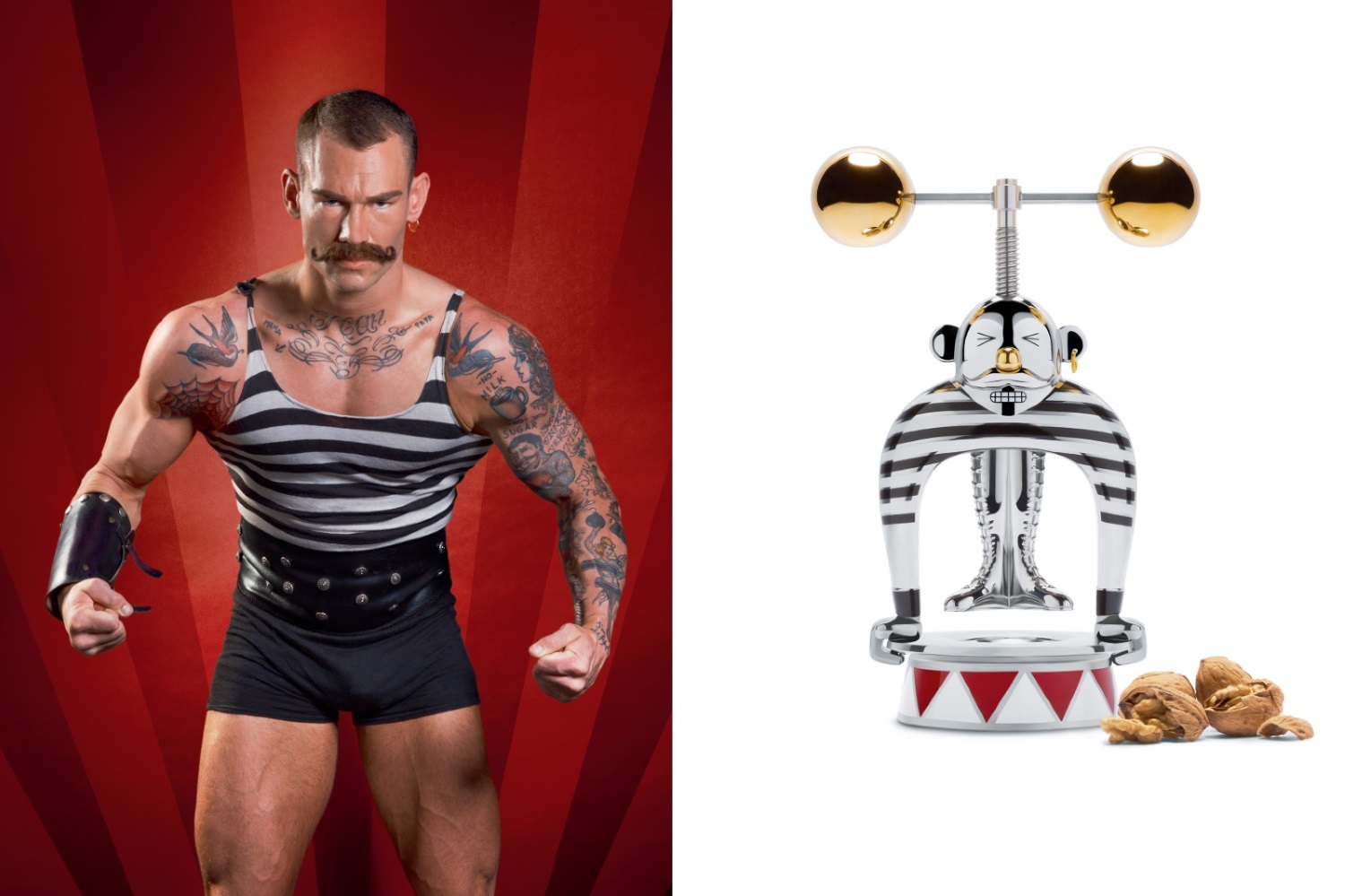 Alessi Circus Nussknacker "The Strongman" Limited Edition: Dekorativer Nussknacker im Zirkus-Design mit Nüssen.