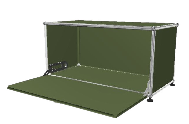 USM Haller Klappe in Olivgrün geöffnet, Detailaufnahme des modularen Möbelbausystems, Ersatzteil für USM Möbel.