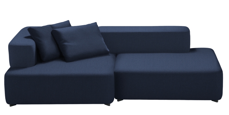 Blaues Alphabet Sofa von Fritz Hansen, 2-Sitzer mit Armlehne links und Kissen.