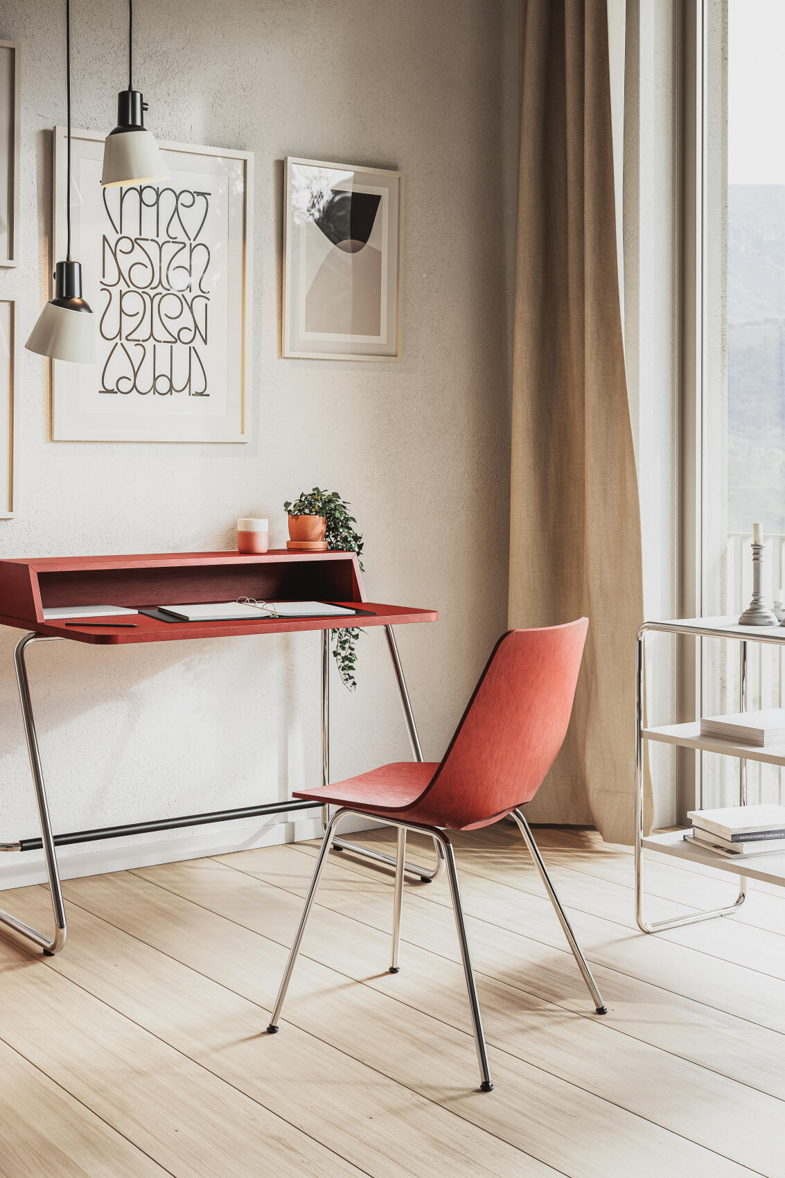 Roter S 661 Stahlrohrstuhl von Thonet vor Schreibtisch und Fenster. Designklassiker im Interieur.