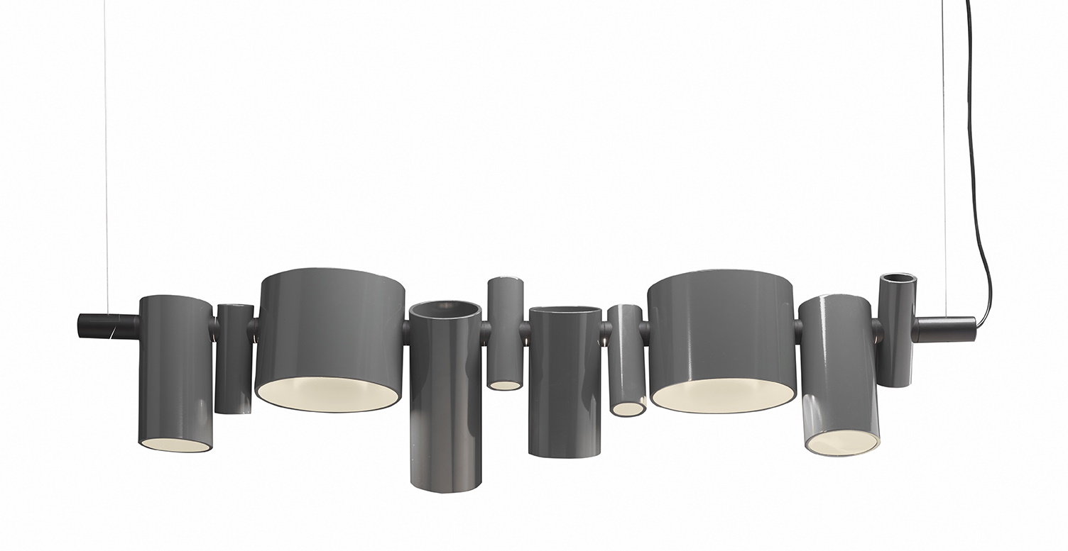 Graue Dancing Queen Hängeleuchte von Oluce mit zylindrischen Lampenschirmen für moderne Beleuchtung.