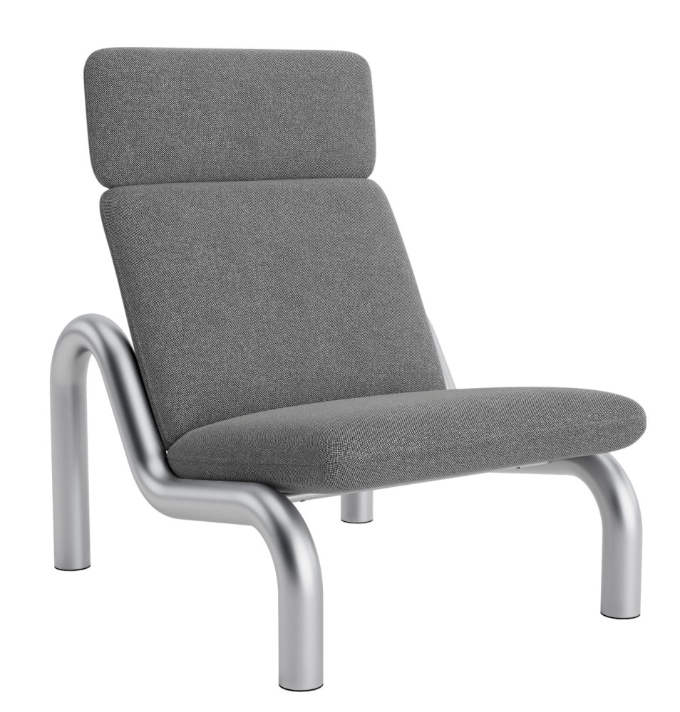 Grauer Tube Lounge Chair Sessel von Normann Copenhagen mit silberfarbenem Metallgestell, seitliche Perspektive.