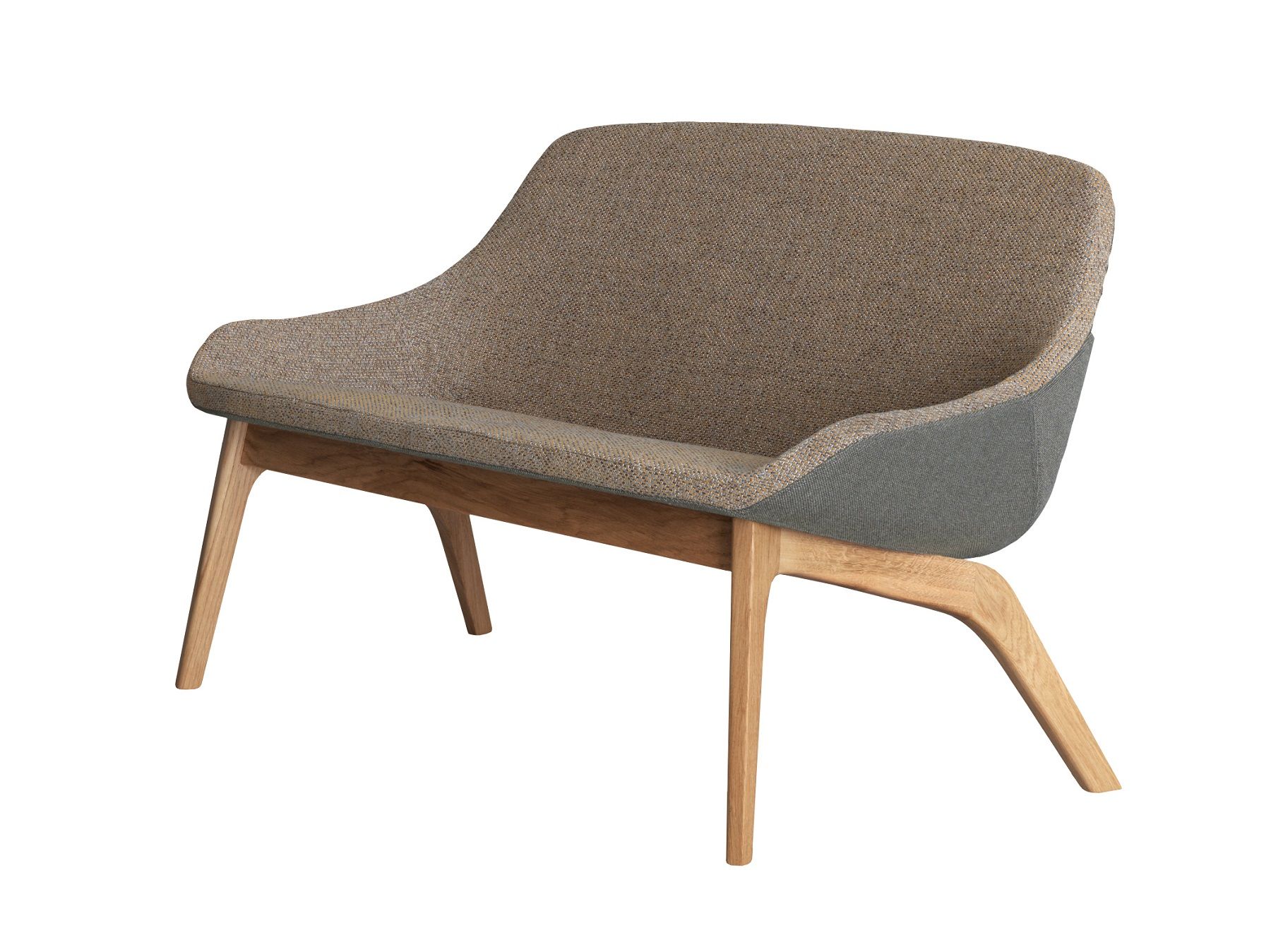 Morph Duo Lounge Sofa: Zweisitzer Sofa mit braunem Stoffbezug und hellem Holzgestell.