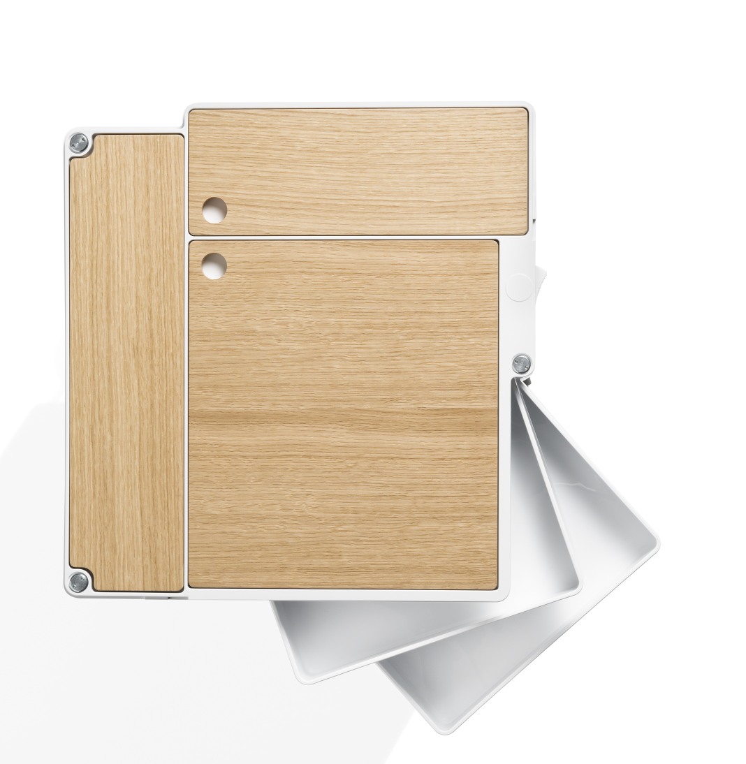 Boby Rollcontainer mit Holzplatten, weiße Schubladen geöffnet, modernes Büromöbel für Ordnung.