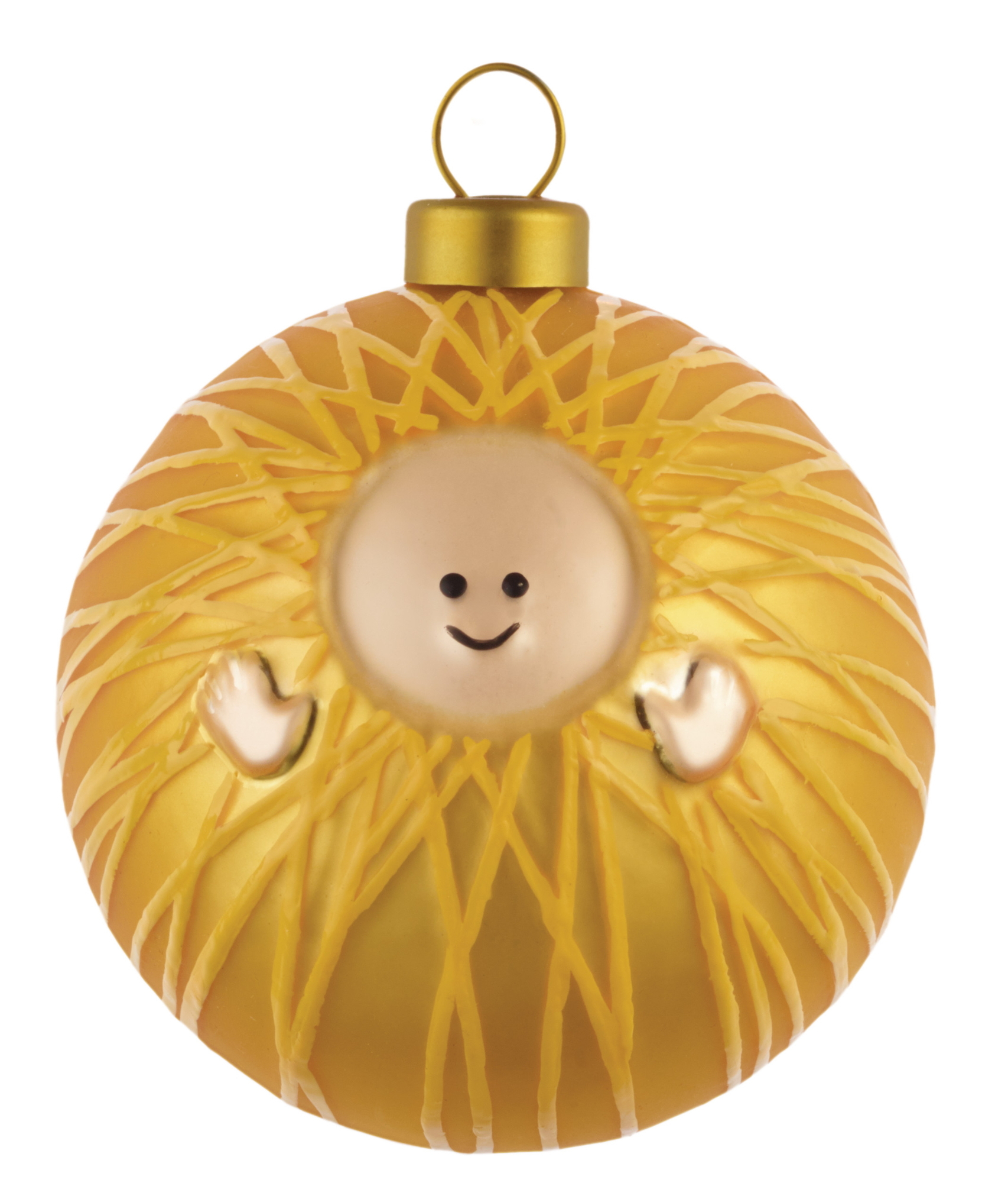 Goldene Alessi Weihnachtskugel mit Christkind Motiv, Teil der Palle Presepe Kollektion.