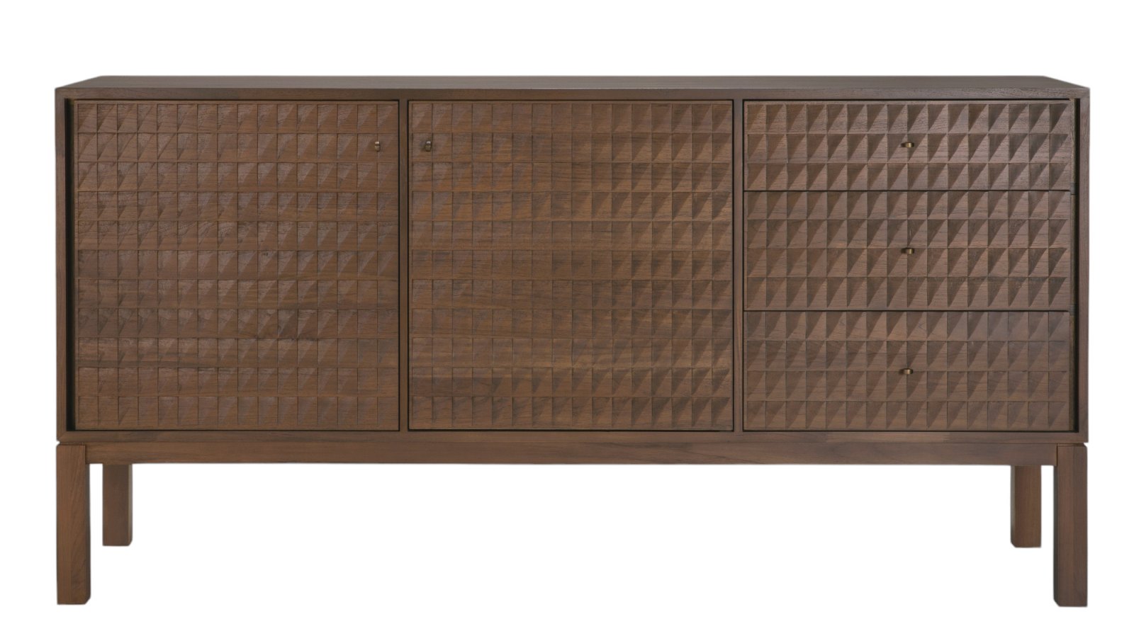 Sono Sideboard von Ethnicraft: Braunes Holz Sideboard mit Türen und Schubladen, geometrisches Muster.