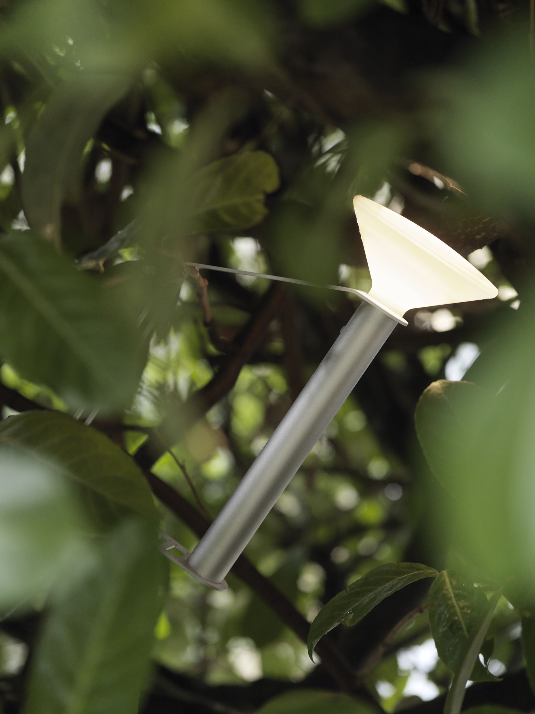 Muuto Piton Akku Tischleuchte aus Aluminium, tragbare Lampe im Grünen, modernes Design.